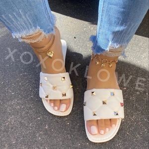 Gold Studded Quilted Single Band Sandal Slide